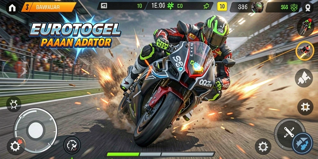 Tampilan gameplay <strong>EUROTOGEL</strong> dengan balapan motor yang intens.