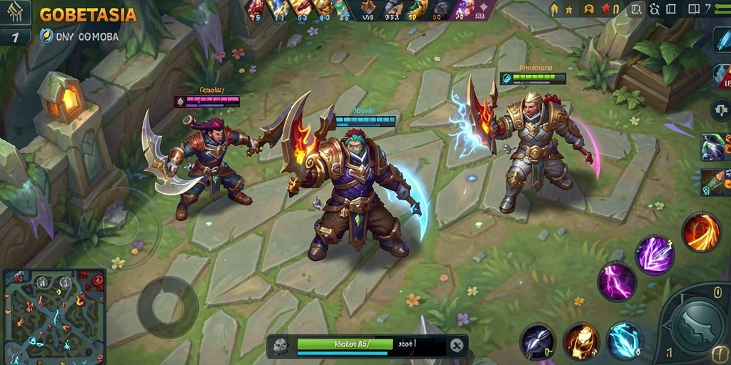 Screenshot gameplay GOBETASIA menampilkan pertarungan tim MOBA yang epik.