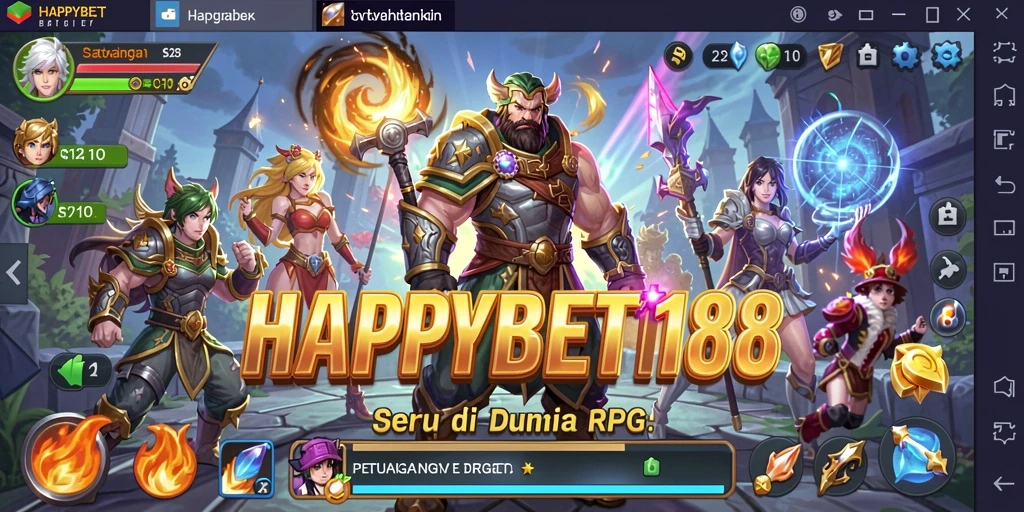 Screenshot utama HAPPYBET188 menampilkan aksi pertarungan seru di dunia RPG.