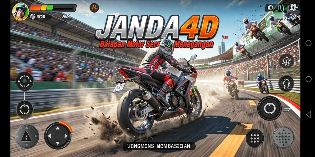 Tampilan gameplay menegangkan dalam JANDA4D dengan motor balap.