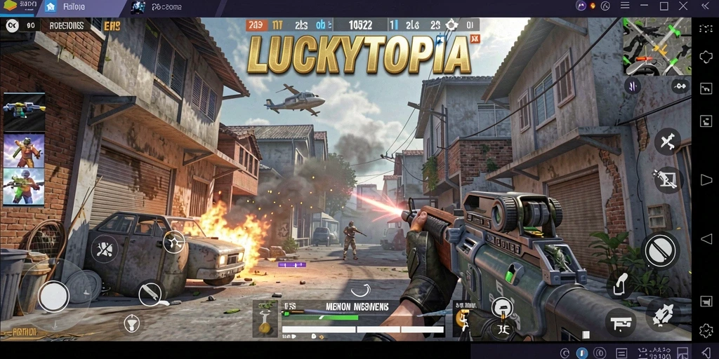 Tampilan aksi mendebarkan dalam gameplay LUCKYTOPIA FPS.