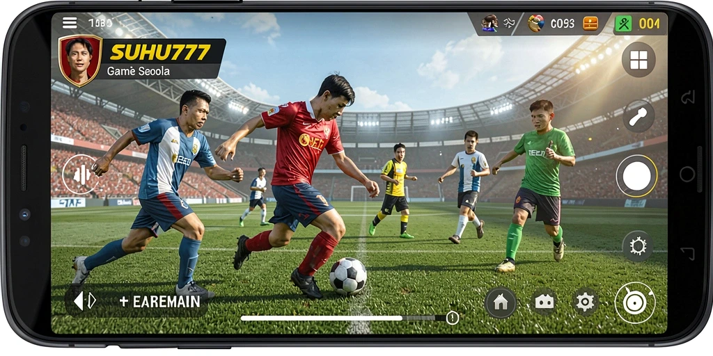 Screenshot menunjukkan aksi seru dalam game sepak bola.
